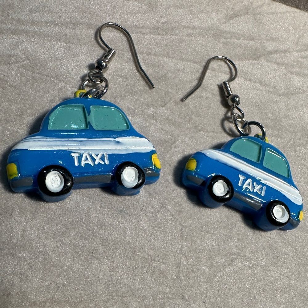 Whimsical Blue Taxi Car Earrings – Fun & Playful Statement Jewelry - Picture 6 of 17
